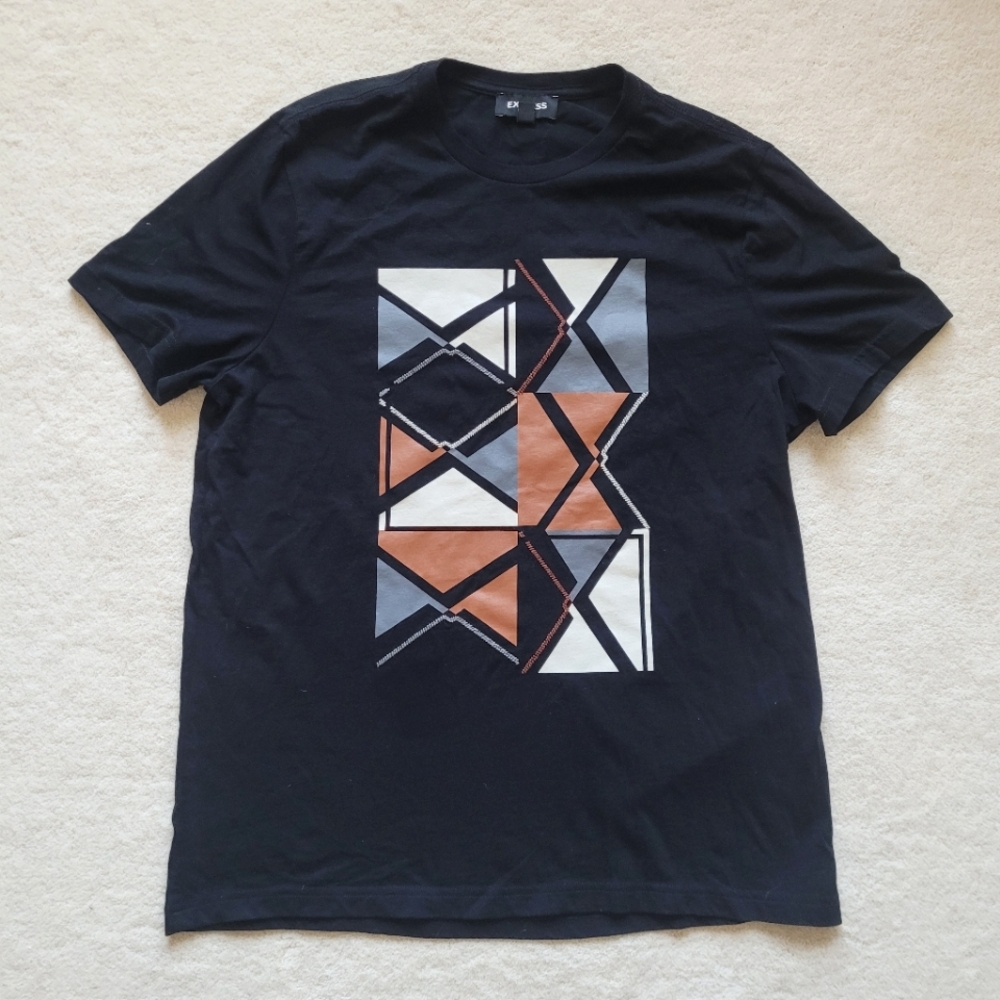 Express Black Geometric Embroidered Tee 100% Cotton - Men's Large